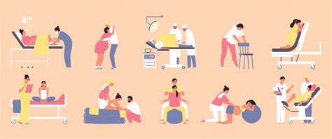 Ilustrácia zobrazujúca rôzne polohy pri pôrode, vrátane tradičnej polohy na chrbte a modernejších polôh v stoji či v podrepe.