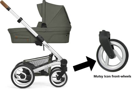 Detailný pohľad na kolesá a rám kočíka Mutsy Nio s dôrazom na terénny dezén