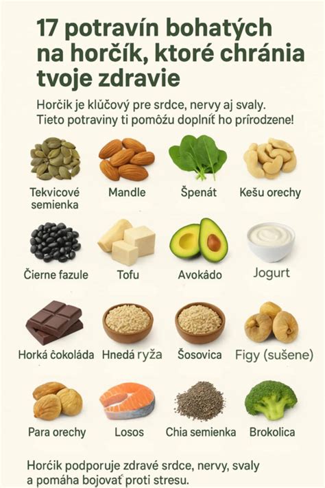 Ilustrácia znázorňujúca rôzne potraviny bohaté na horčík