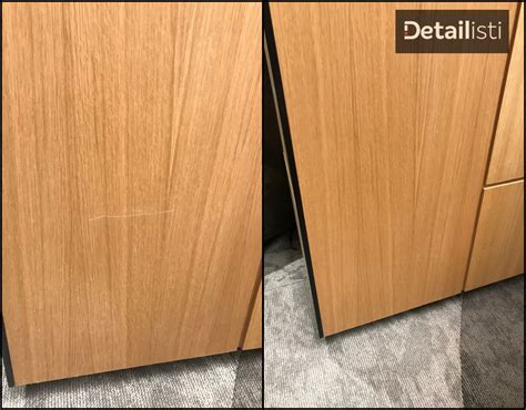 Detail dreveného nábytku s viditeľnými škrabancami pred opravou