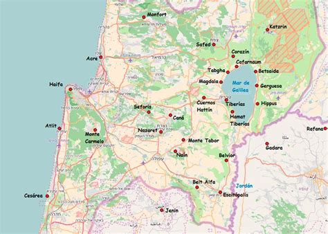 Mapa regiónu Galilea a Judea s vyznačenými miestami Ježišovho pôsobenia
