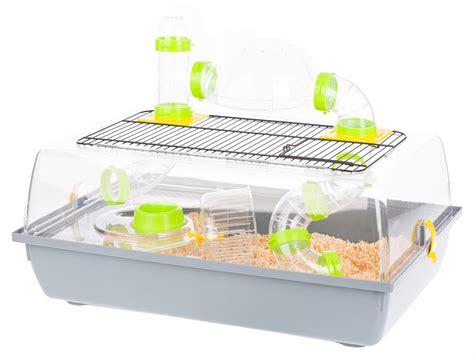 priestranná klietka pre myši s hračkami a poschodiami