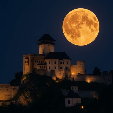 Ilustrácia žiarivého splnu Mesiaca nad krajinou