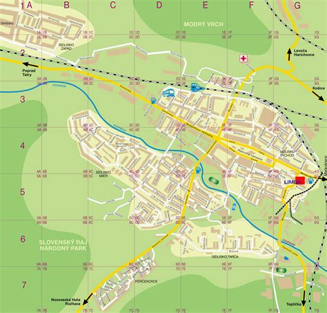Mapa Spišskej Novej Vsi s vyznačenými historickými pamiatkami