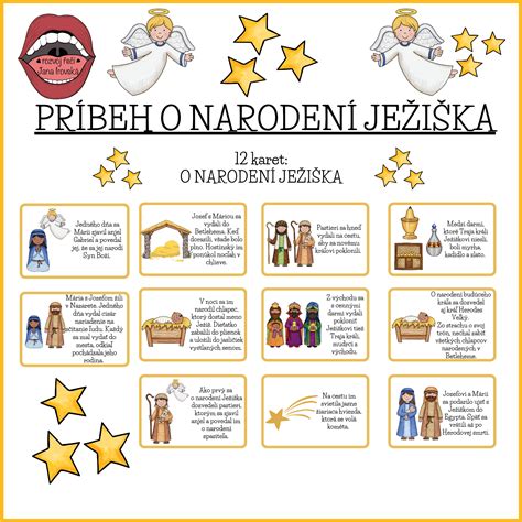 Detail laminovaného obrázka s textom príbehu o narodení Ježiška.