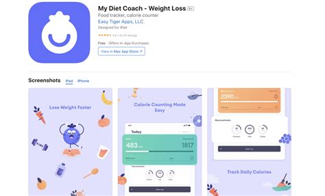 Screenshot aplikácie My Diet Coach zobrazujúci jedálný deník a sledovanie kalórií
