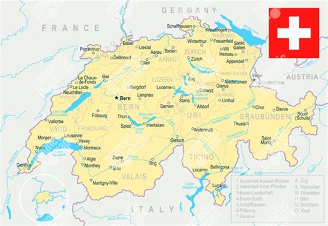 Mapa Švajčiarska s vyznačenými kantónmi a ich špecifikami