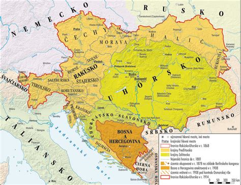 Mapa Uhorska s vyznačenými centrami Slovenského učeného tovarišstva