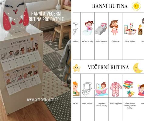 Ilustrácia znázorňujúca prvky večernej spánkovej rutiny pre deti