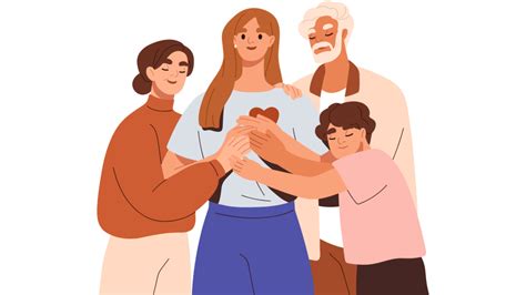 Ilustrácia zobrazujúca rodinu, ktorá si navzájom poskytuje podporu, s prvkami symbolizujúcimi duševné zdravie a pohodu.