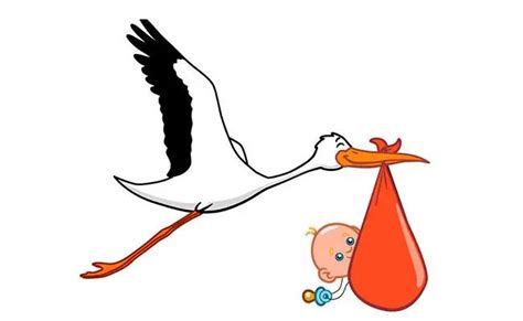 Ilustrácia bociana s dieťaťom v zobáku, symbolizujúca príchod nového života.