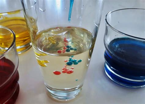 Ilustrácia jednoduchého vedeckého pokusu s vodou, olejom a atramentom v pohári.