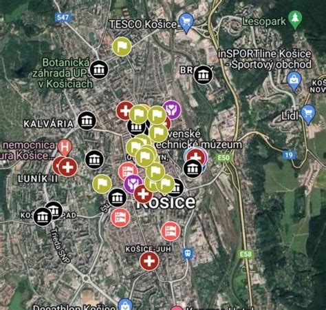 Mapa Košíc s vyznačenými významnými historickými budovami