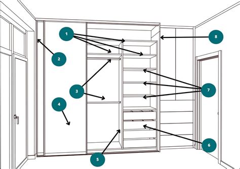 detail vnútorného usporiadania vstavanej skrine s policami, zásuvkami a vešiakom