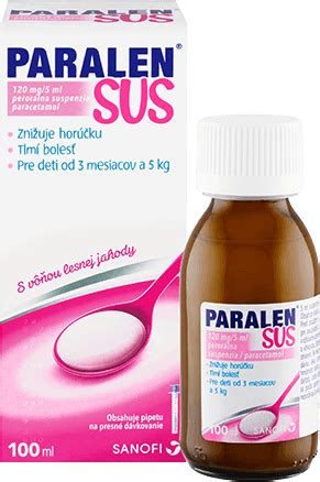 Ilustrácia lieku Paralen v rôznych formách (tablety, sirup, čapíky)