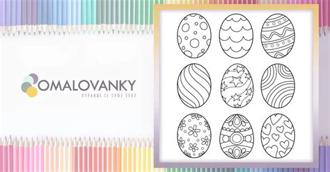 Ilustrácia veľkonočných vajíčok v rôznych vzoroch a farbách, pripravených na vyfarbenie.