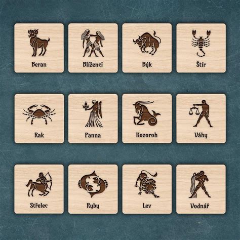 Ilustrácia symbolov jednotlivých znamení zverokruhu v podobe drevených dekorácií.
