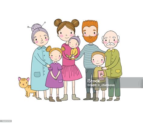 Príklad kresby rodiny, kde sú jednotliví členovia znázornení s rôznymi detailmi a v rôznych veľkostiach