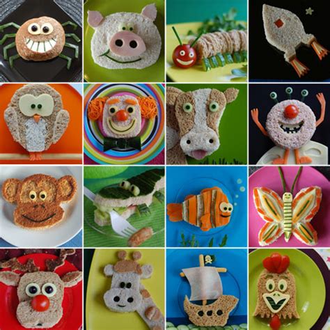 Koláž rôznych jedál pripravených zábavnou formou pre deti - napríklad zelenina vytvarovaná do zvieratiek.