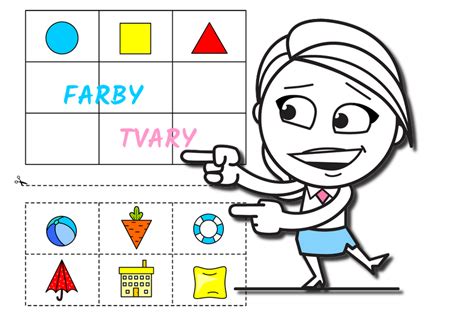 Koláž obrázkov ukazujúcich triedenie predmetov podľa farby a tvaru