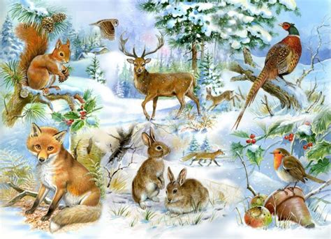 Ilustrácia rôznych zimných motívov na vyfarbovanie: snehové vločky, sánkovanie, zimná krajina, zvieratká v zime.