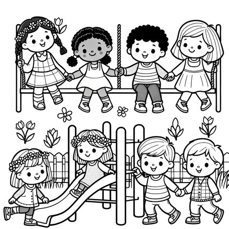 Ilustrácia detí hrajúcich sa na ihrisku pred budovou škôlky