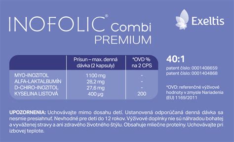 Schéma zloženia Inofolic Combi Premium s vyznačenými pomermi myo-inozitolu a d-chiro-inozitolu