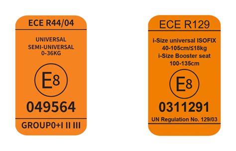 Oranžový štítok s označením ECE R44/04 alebo ECE R129 (i-Size).